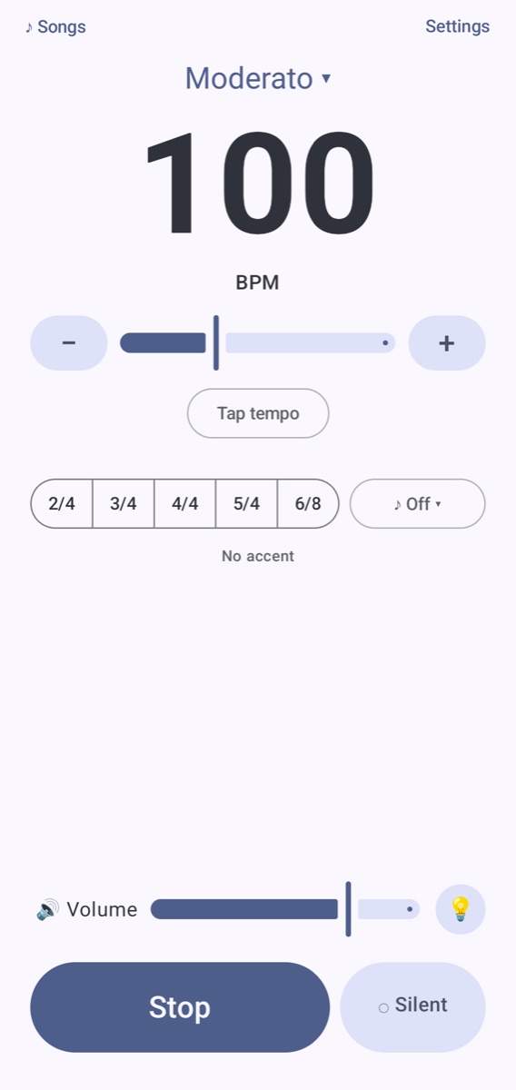 Metronome playing at 100 BPM with Stop and Silent buttons
