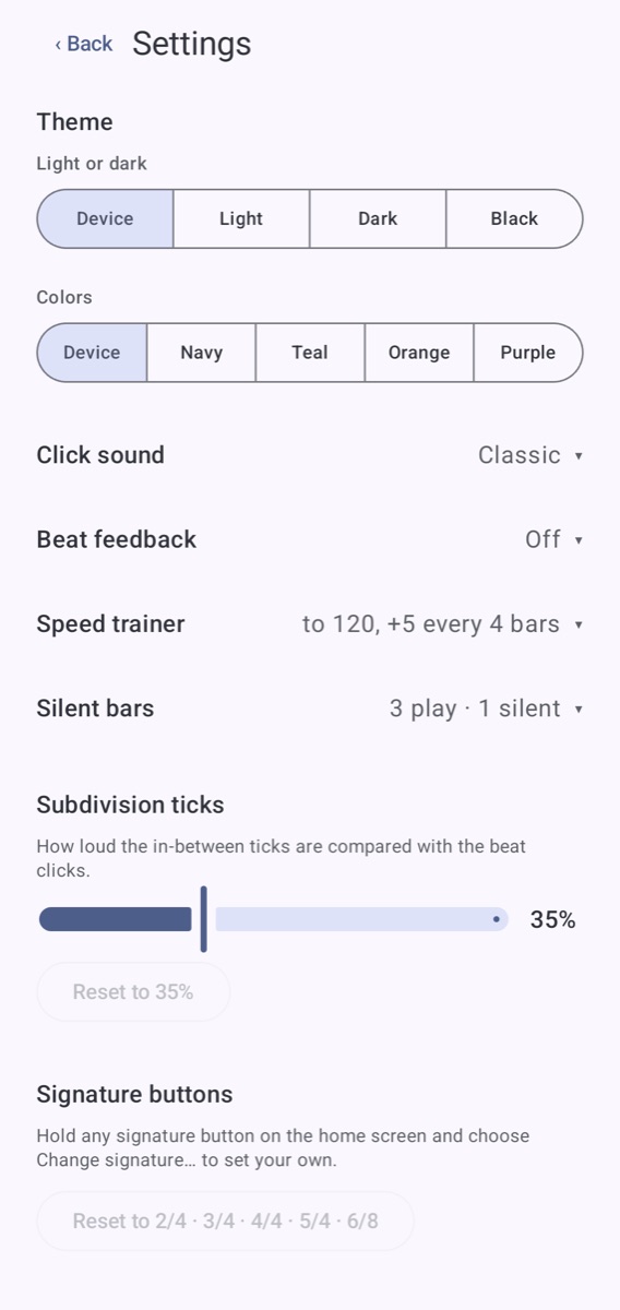 Settings with click sound, speed trainer and silent bars