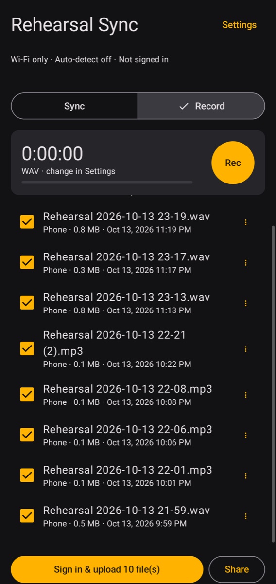 Record tab with a record button and a list of recordings