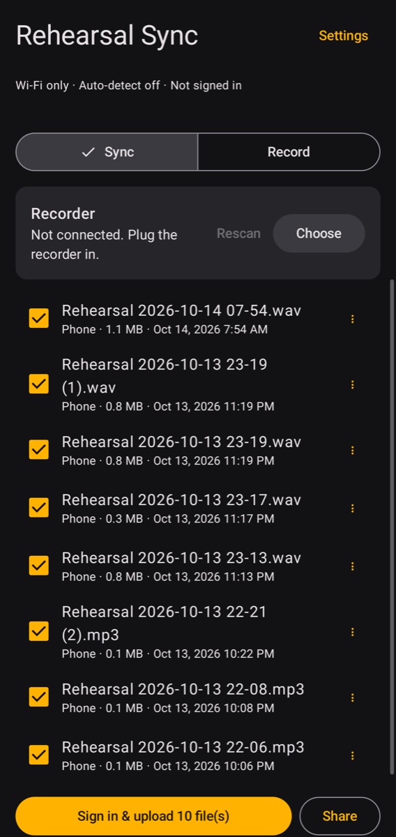 Sync tab showing the recorder and the files waiting to upload