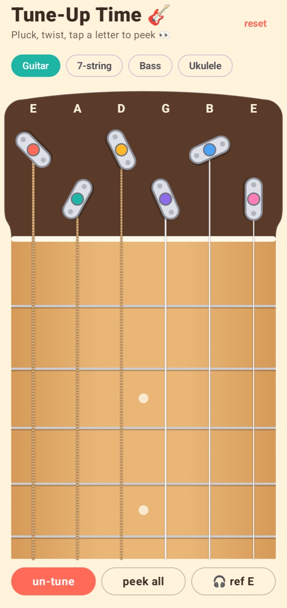A guitar neck with six tuning pegs to twist
